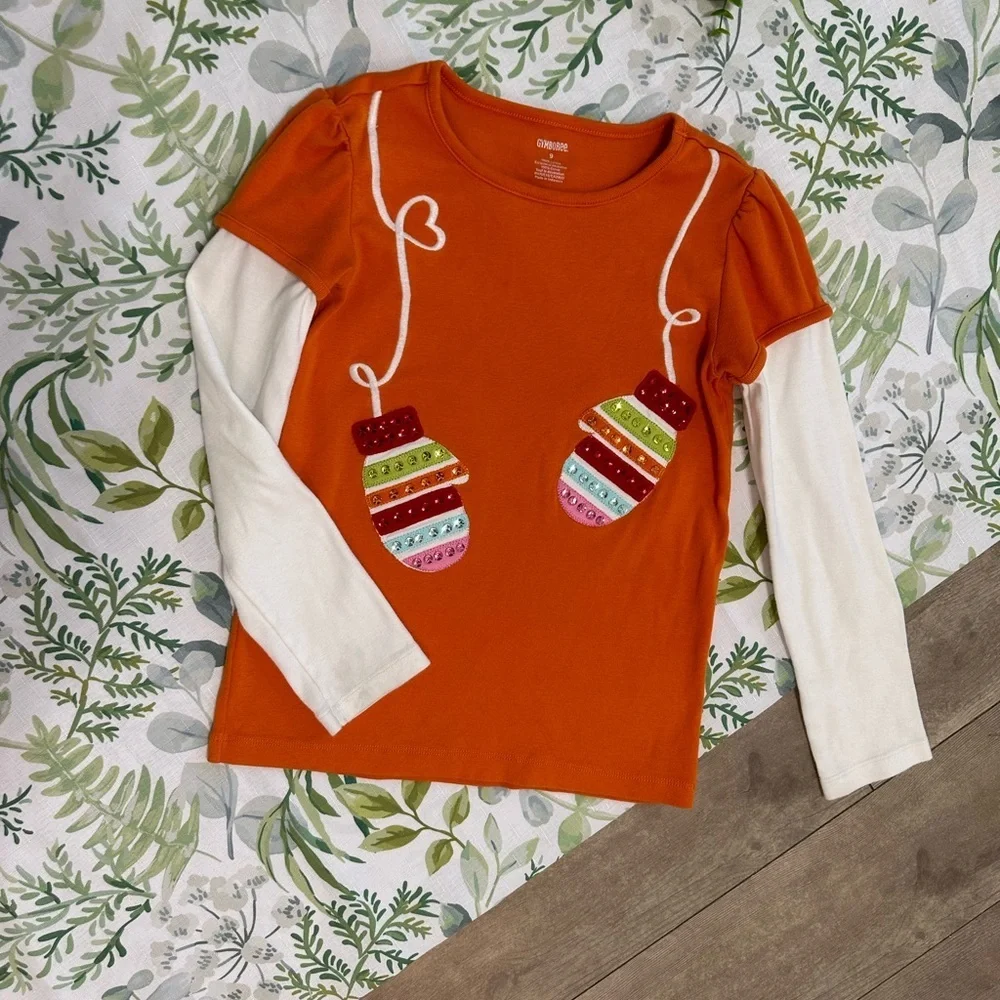 Gymboree Girls Winter Mitten Graphic Cotton Long Sleeve Shirt Jewel Accents sz 9